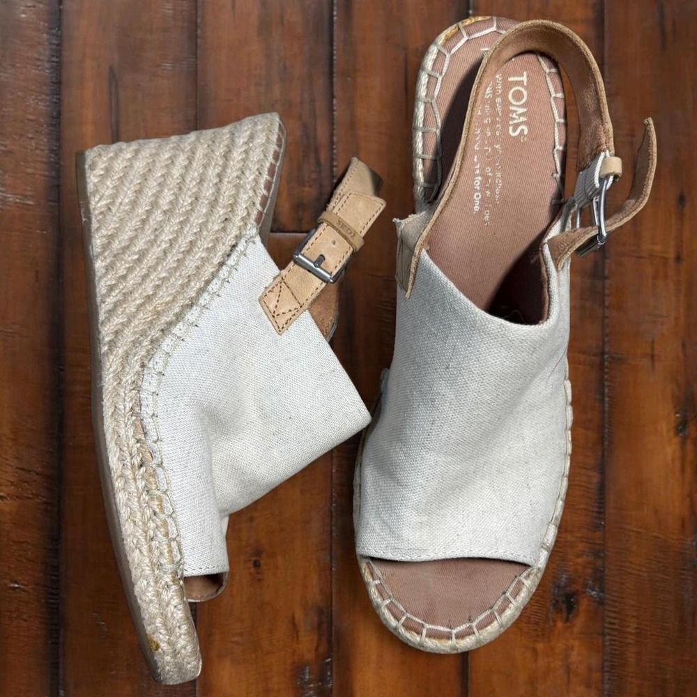 TOMS Canvas Espadrille Wedge Sandals Women's Size 10 Ivory Ankle Strap Boho